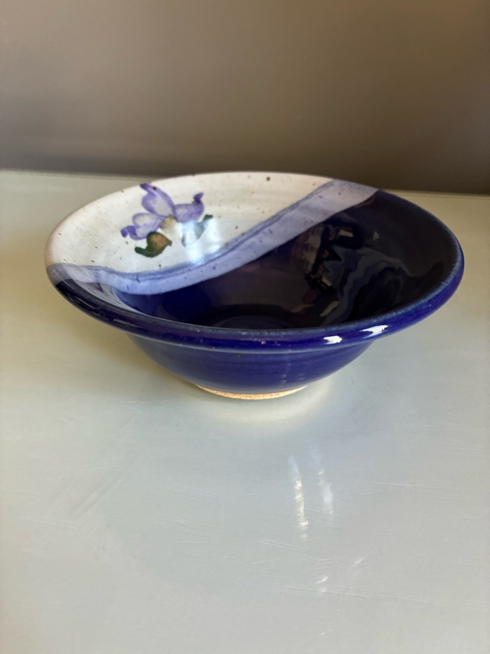 Studio Pottery Bowl In Blue and Natural Swirl With Flower
